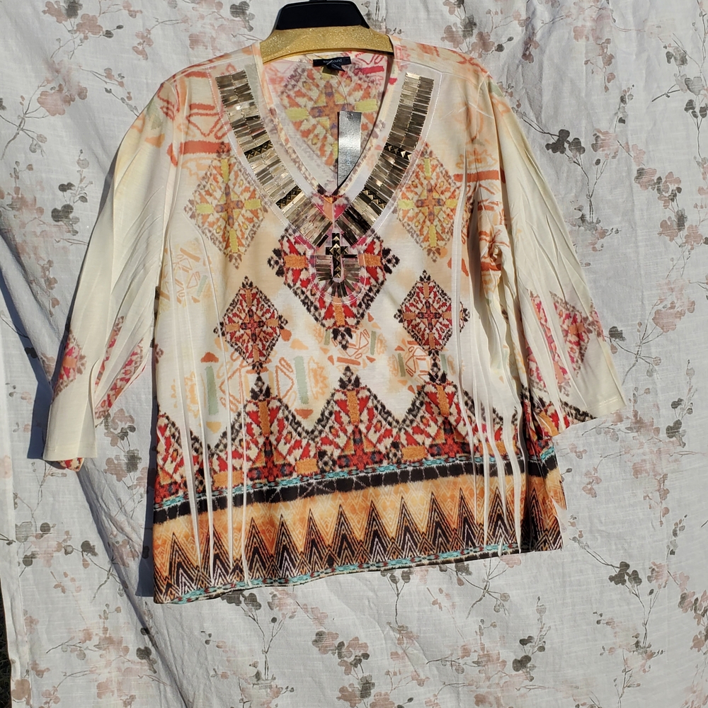 XL Westbound Cream Tunic with Orange and Coral Beaded V-Neck